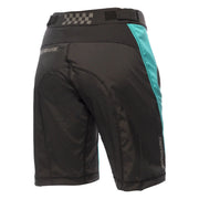 Women's teal-panel riding shorts, rear view with Fasthouse logo