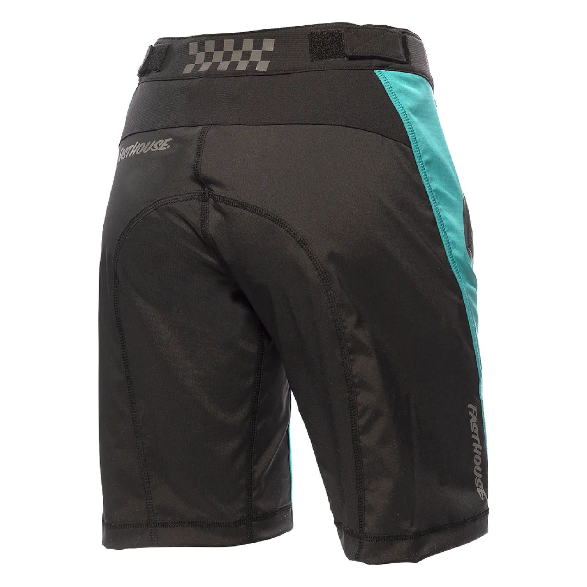 Women's teal-panel riding shorts, rear view with Fasthouse logo