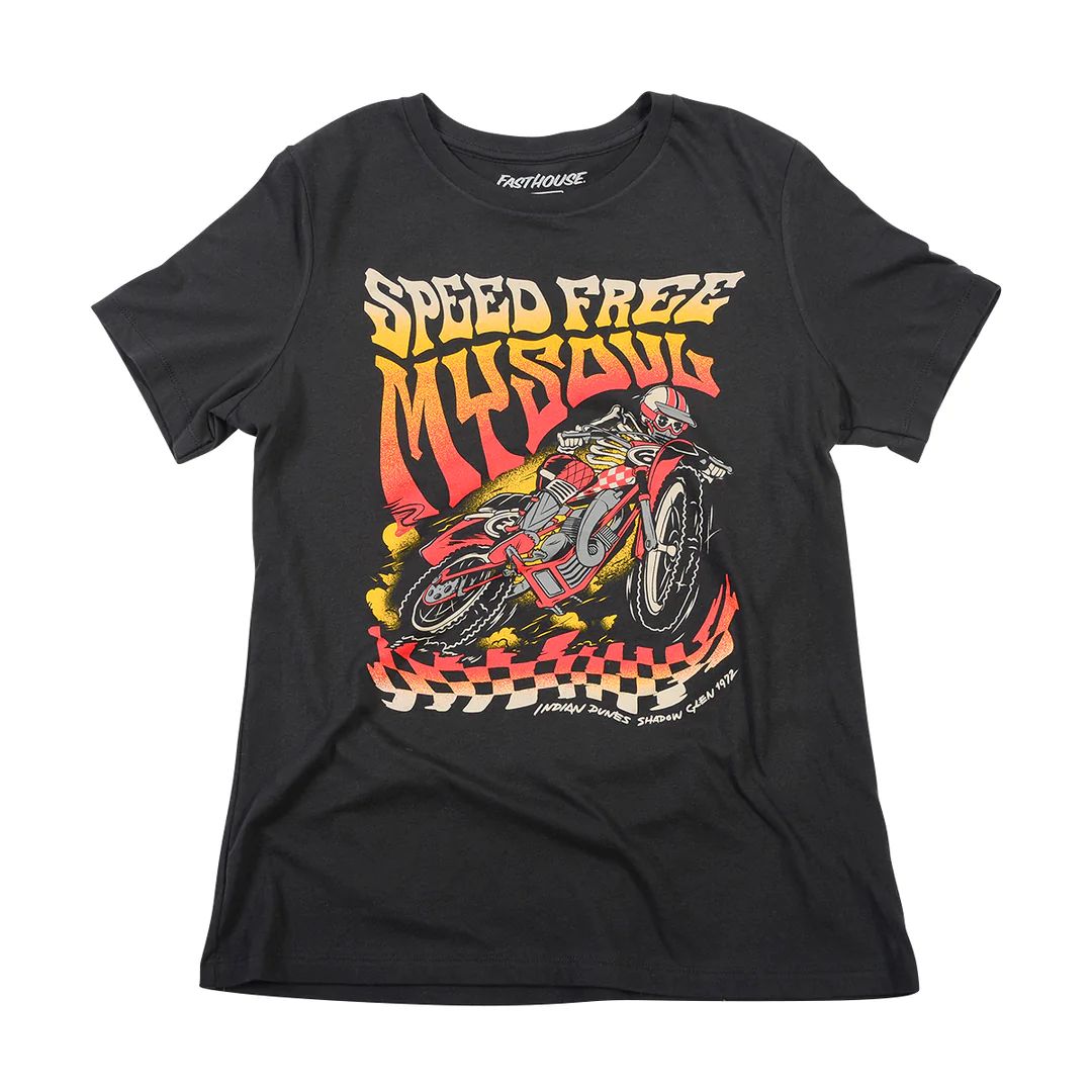 Black crew-neck short-sleeve graphic T-shirt with motorcycle artwork