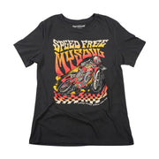 Black crew-neck short-sleeve graphic T-shirt with motorcycle artwork