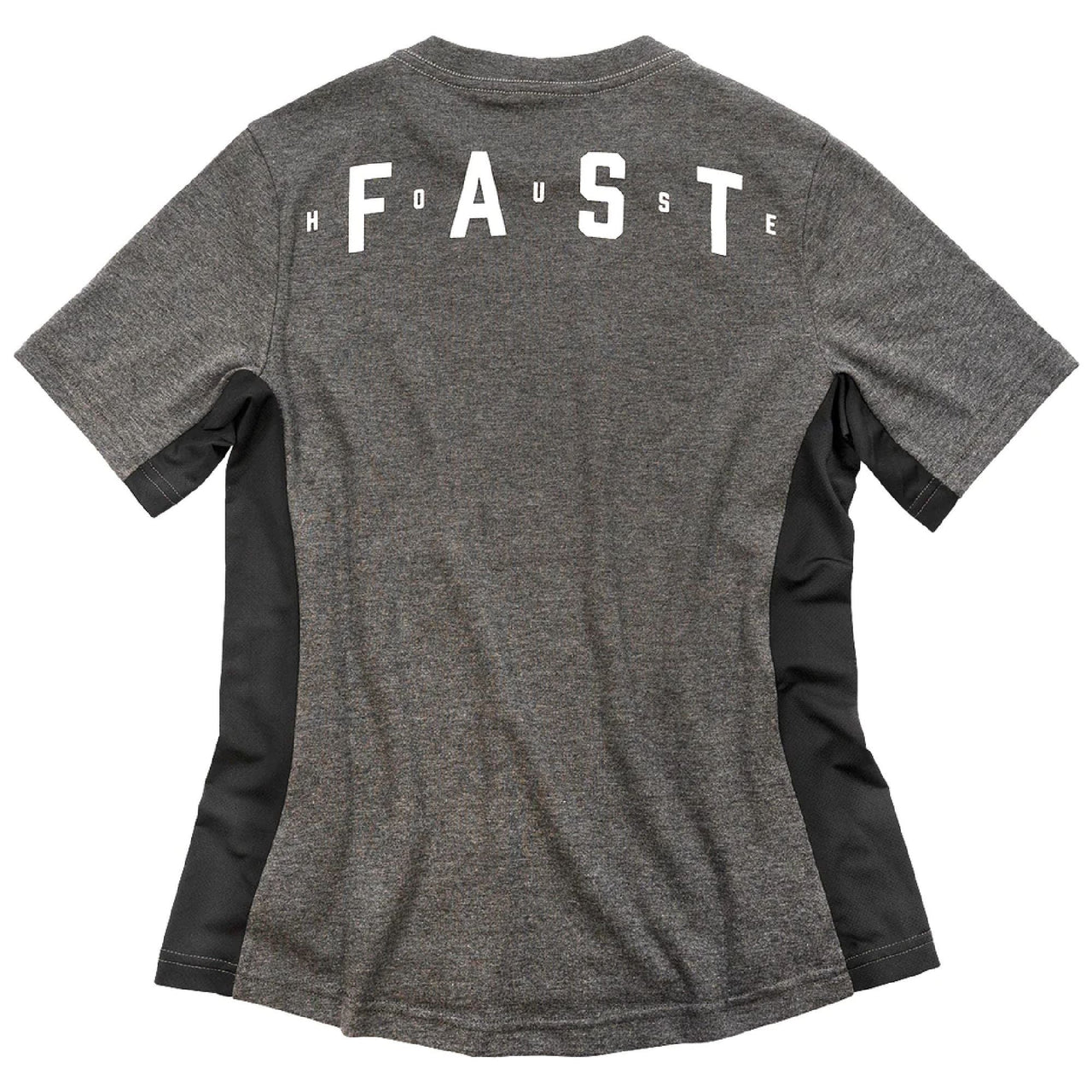 Charcoal heather women’s tech tee, back view, Fasthouse lettering with F*H1 checker logo