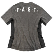 Charcoal heather women’s tech tee, back view, Fasthouse lettering with F*H1 checker logo