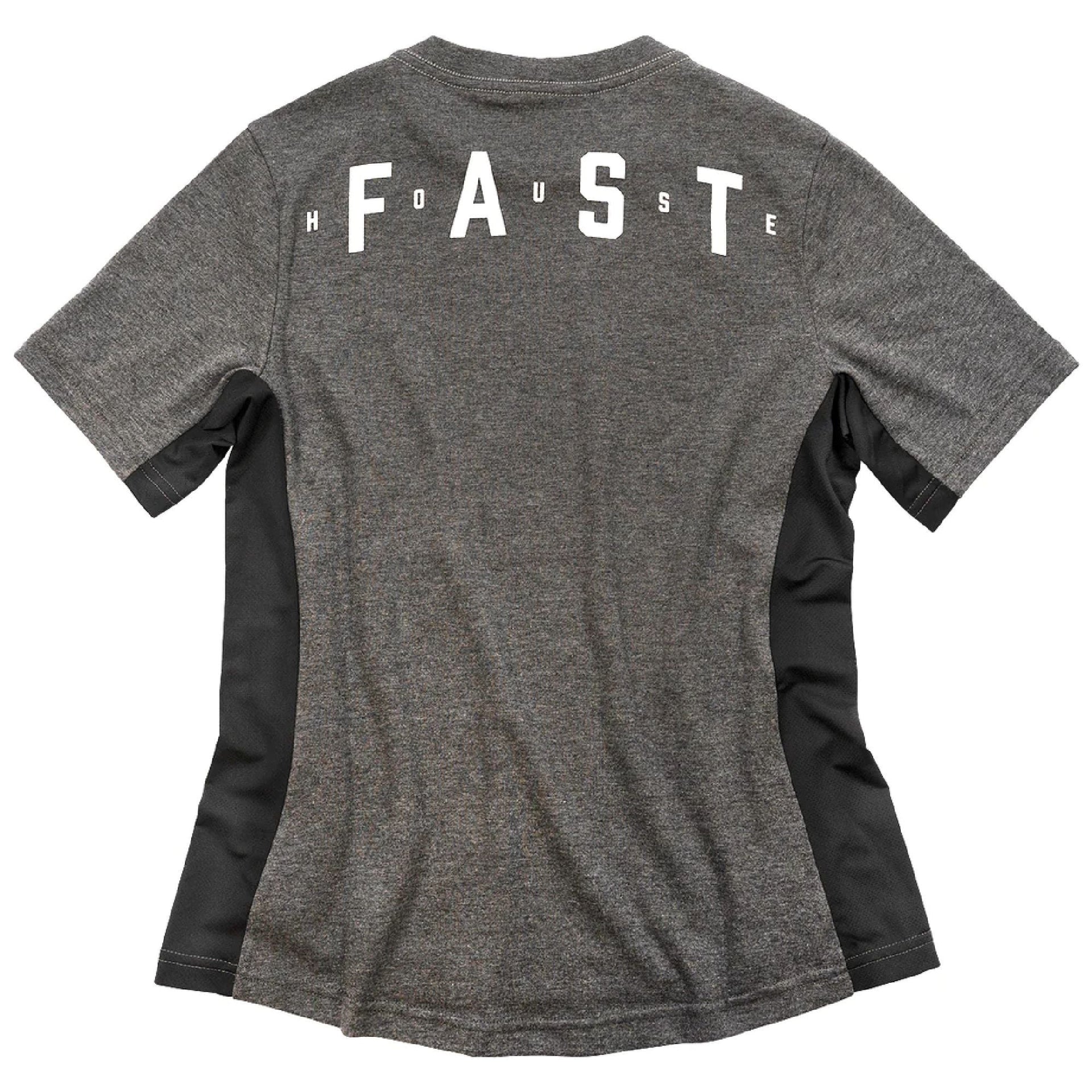 Charcoal heather women’s tech tee, back view, Fasthouse lettering with F*H1 checker logo