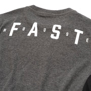 Charcoal heather women’s tech tee back close-up with large Fasthouse lettering