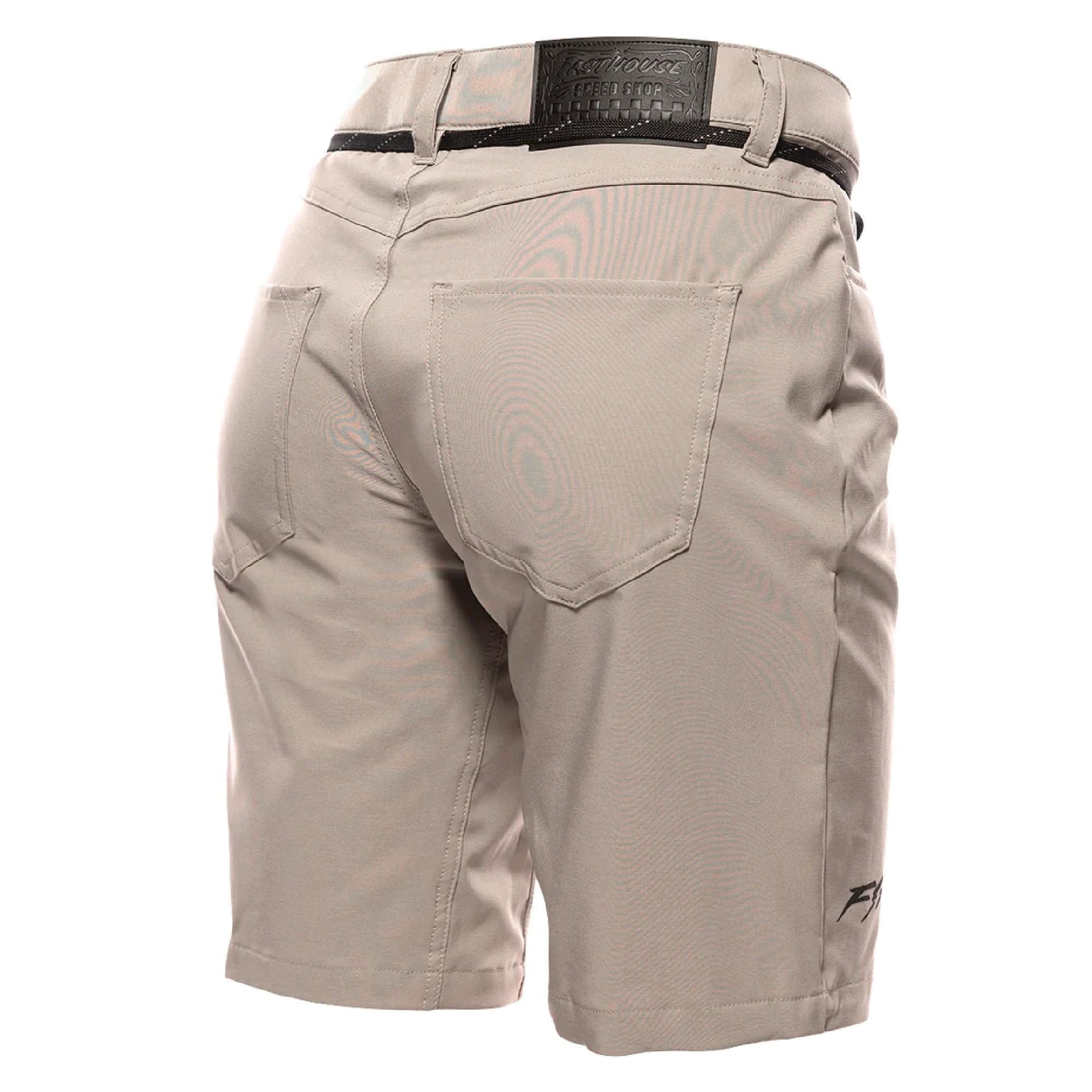 Ash gray shorts back view with rear pocket and small black logo