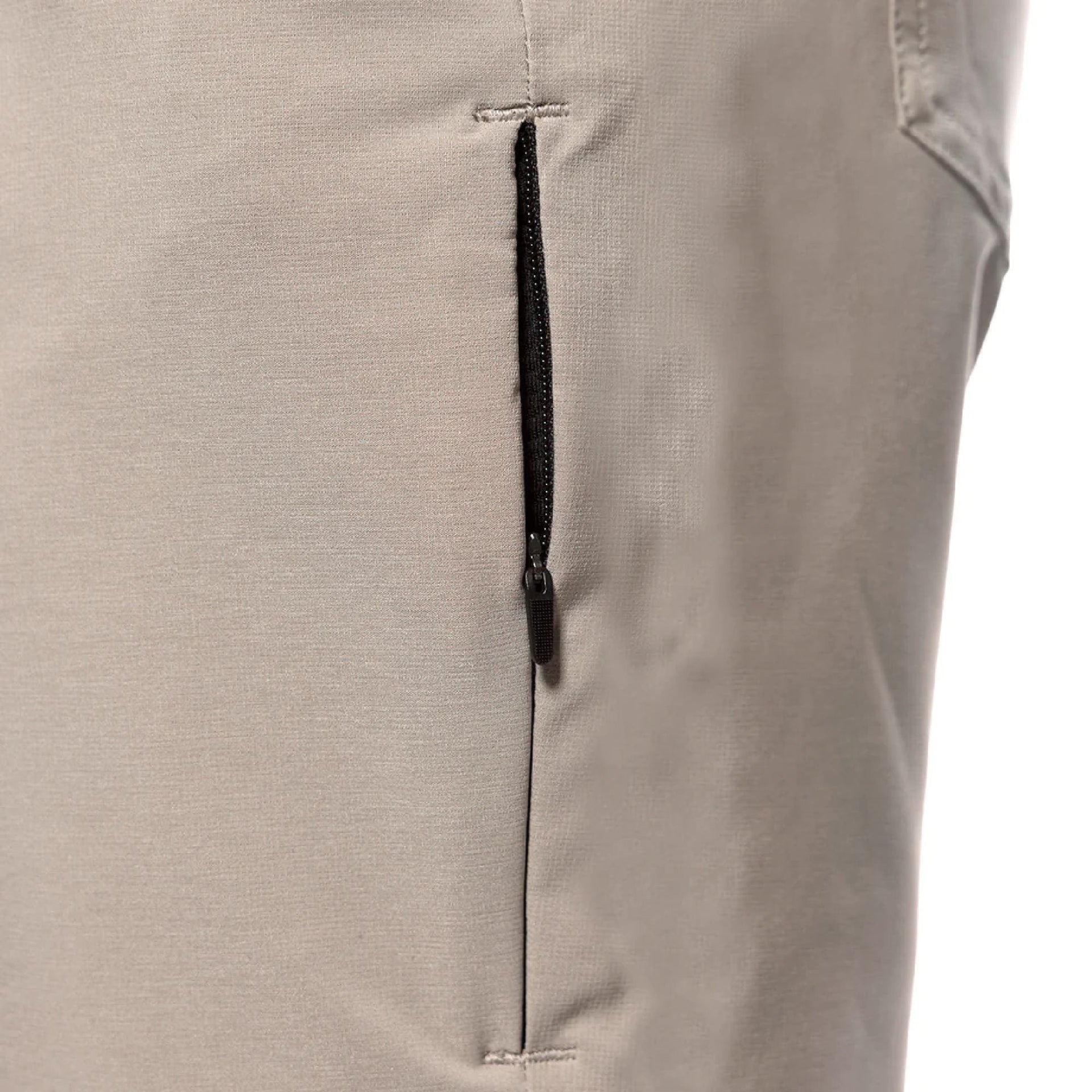 Ash gray shorts with vertical zip pocket and contrast black zipper