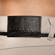 Ash gray shorts with black Fasthouse Speed Shop waistband patch label