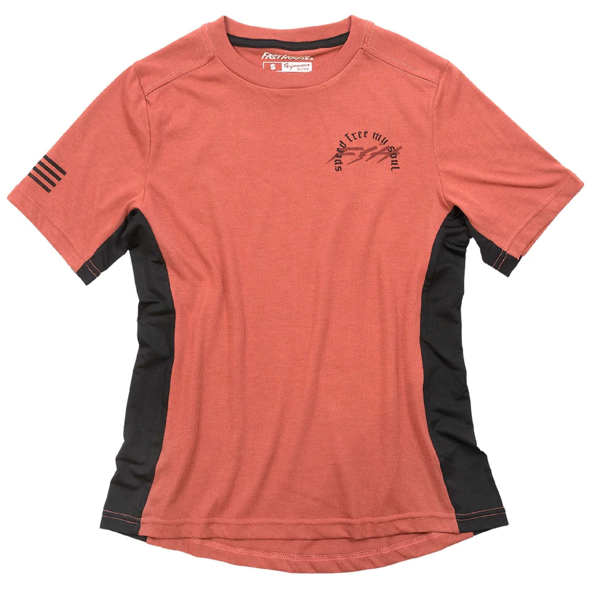 Fasthouse women's Menace SS tech tee, mauve with small chest graphic and sleeve stripe marks