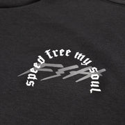 Black Menace SS tech tee close-up of white back graphic logo