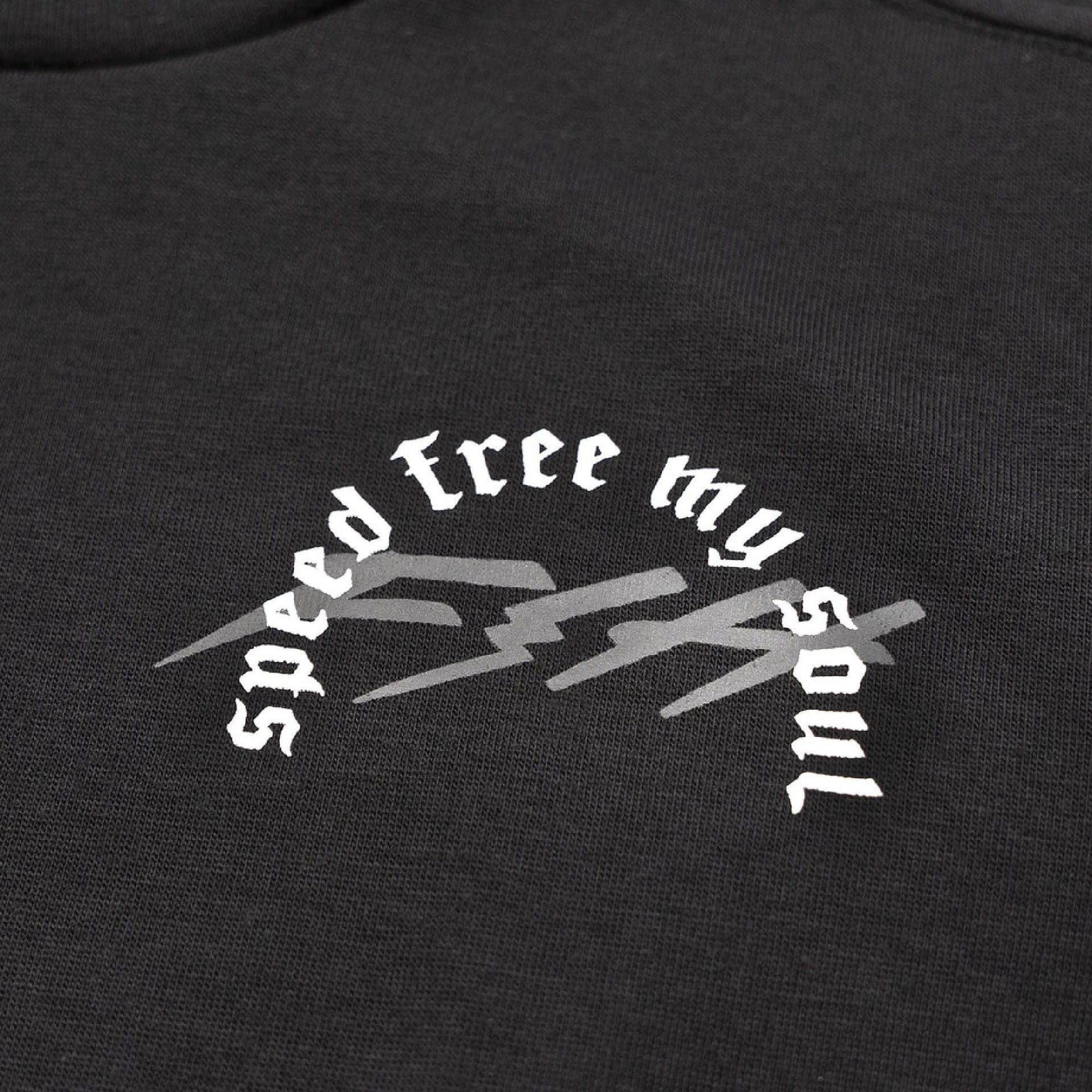 Black Menace SS tech tee close-up of white back graphic logo