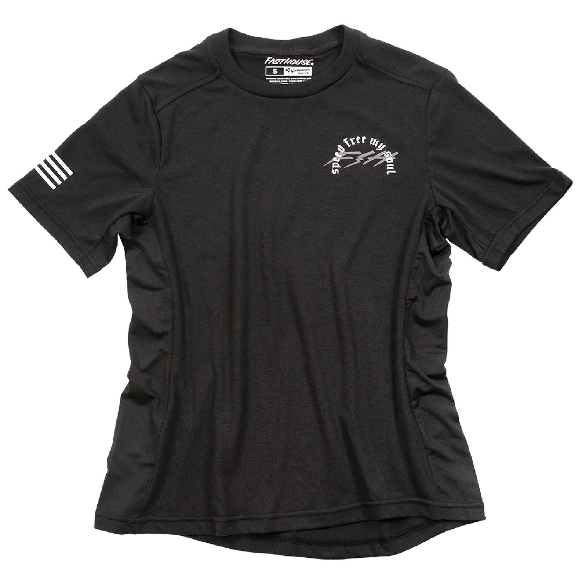 Fasthouse women's Menace SS tech tee, black with chest graphic and sleeve stripe marks