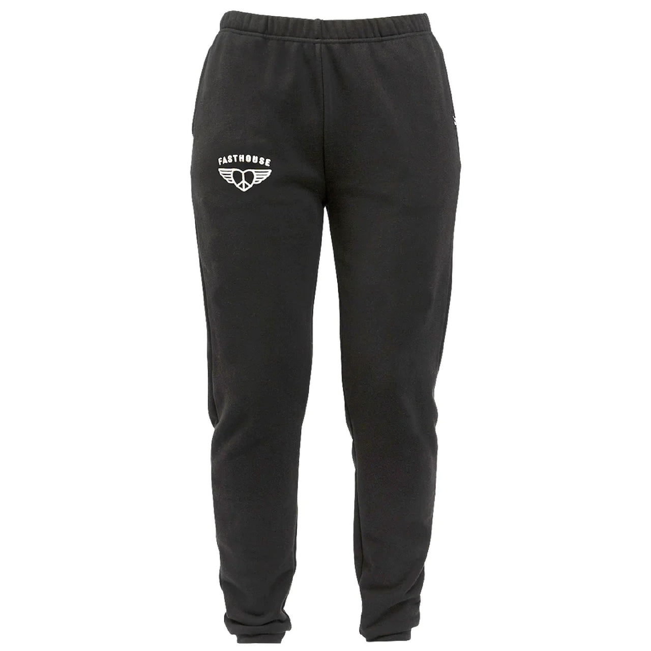 Washed black women's fleece pant with elastic waistband, side logo, tapered legs