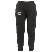 Washed black women's fleece pant with elastic waistband, side logo, tapered legs