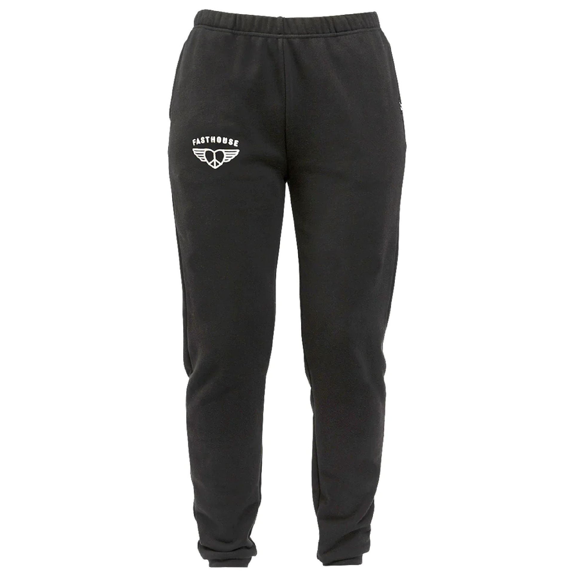 Washed black women's fleece pant with elastic waistband, side logo, tapered legs