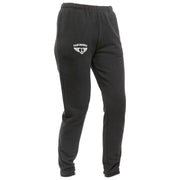 Washed black women's fleece pant with elastic waistband and rear logo, tapered legs