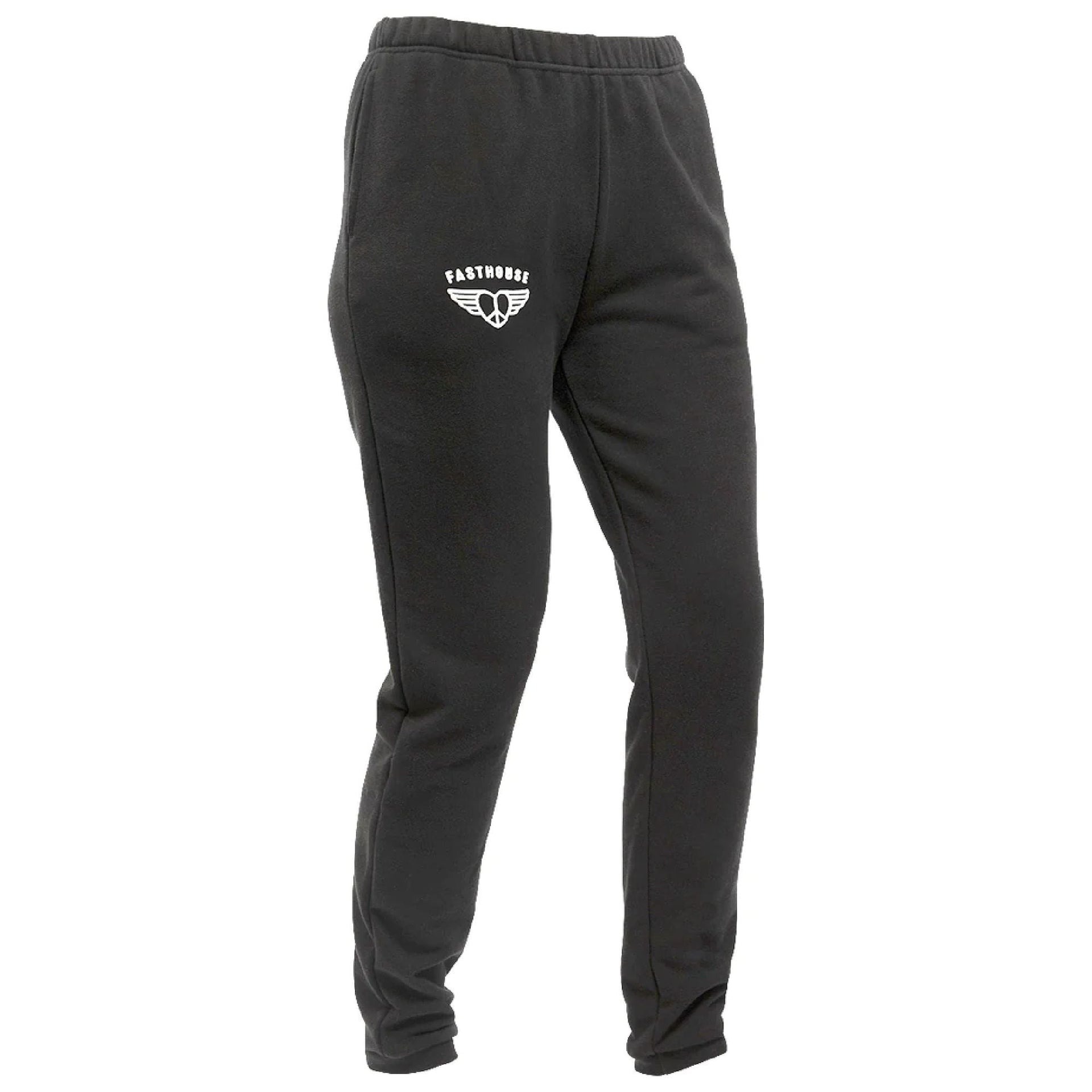 Washed black women's fleece pant with elastic waistband and rear logo, tapered legs