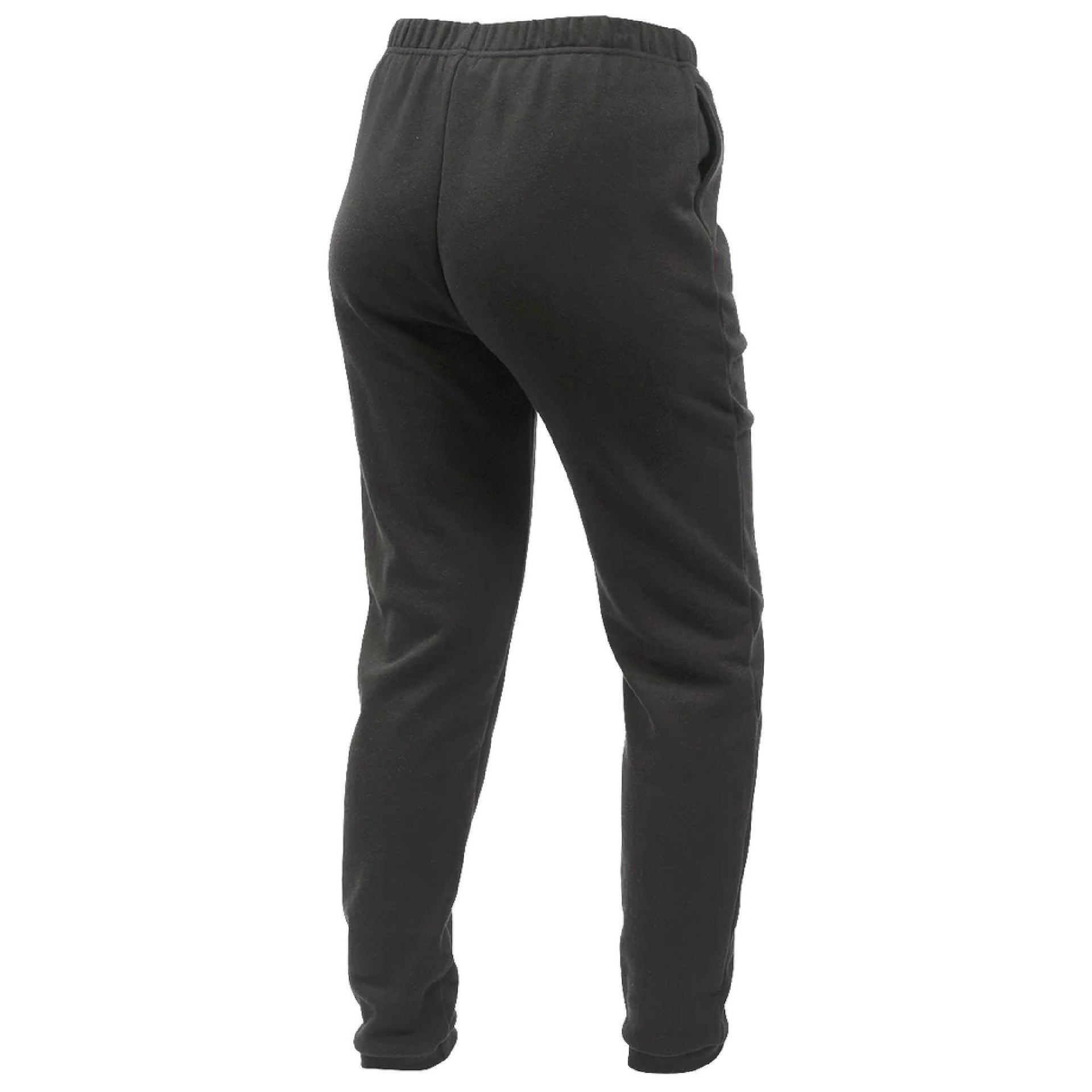 Washed black women's fleece pant with elastic waistband and tapered cuffed ankles