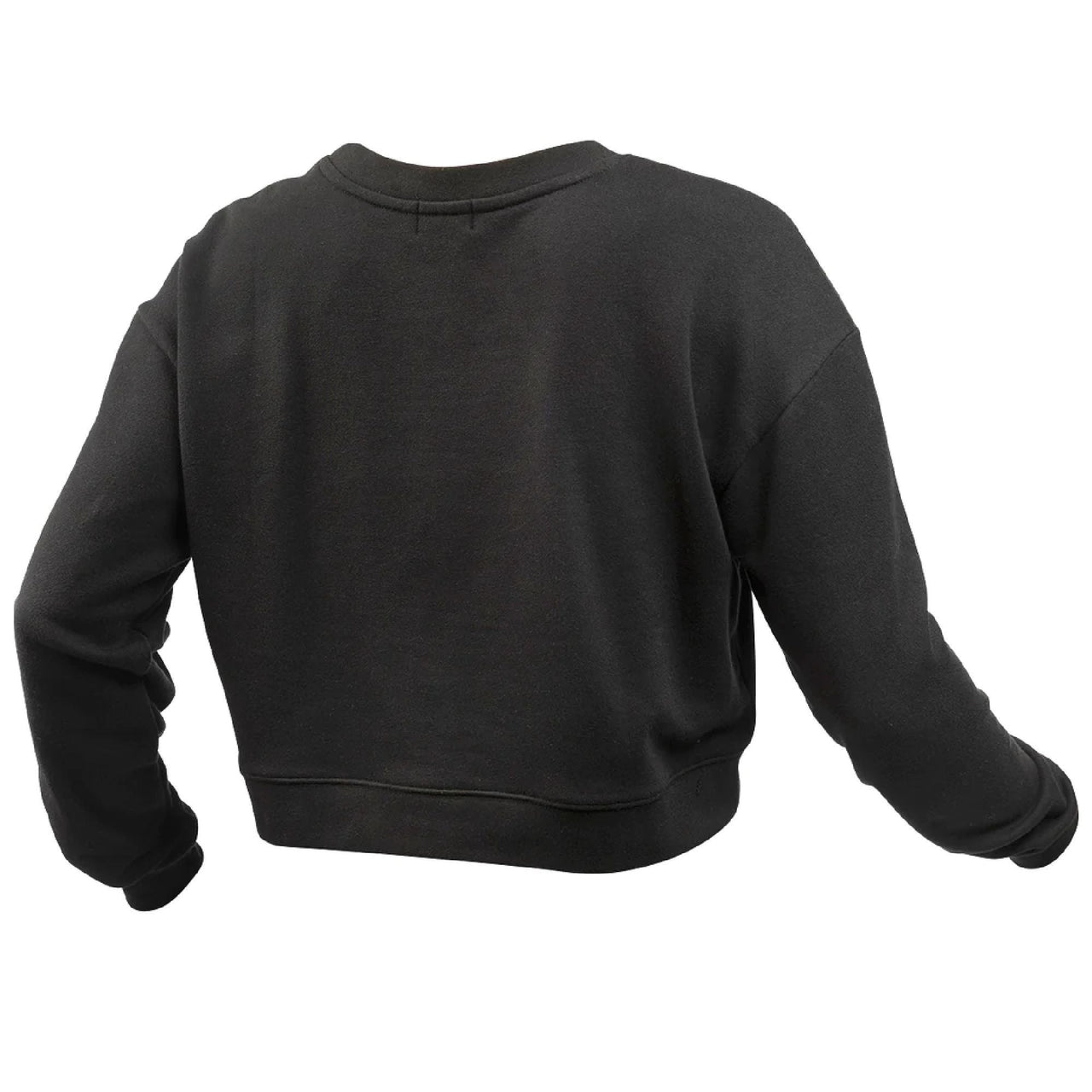 Women’s black washed fleece pullover, back view, crew neck and long sleeves