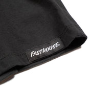 Women's black short-sleeve tee hem tag patch