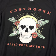 Women's black short-sleeve skull graphic with floral accents and red lettering