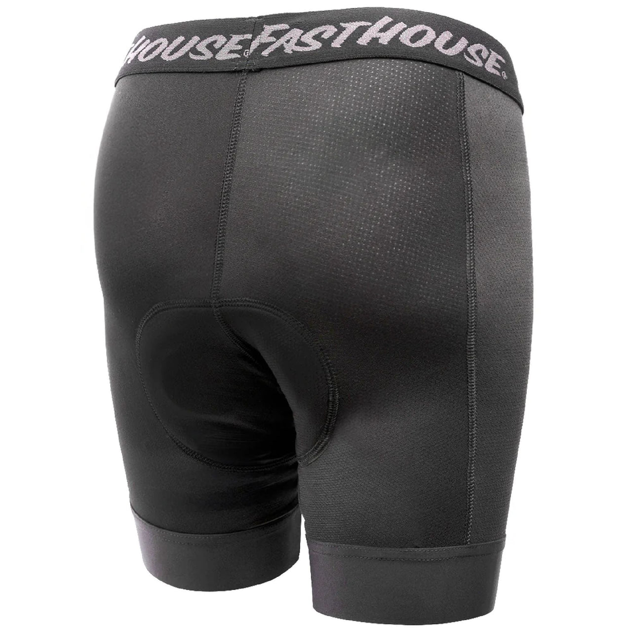 Black cycling liner shorts, contoured front panel, elastic waistband with Fasthouse logo