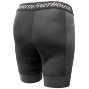 Black cycling liner shorts, contoured front panel, elastic waistband with Fasthouse logo