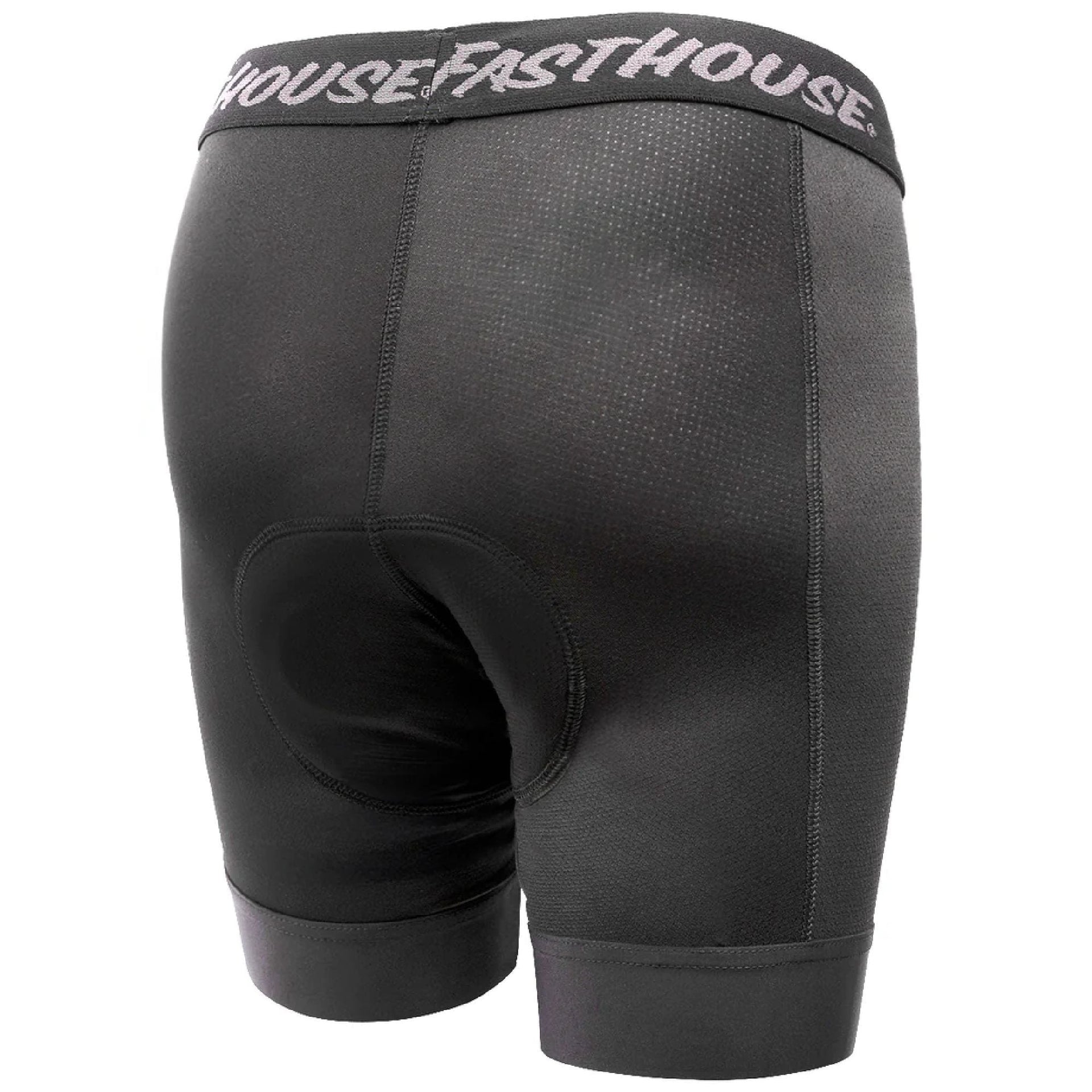 Black cycling liner shorts, contoured front panel, elastic waistband with Fasthouse logo
