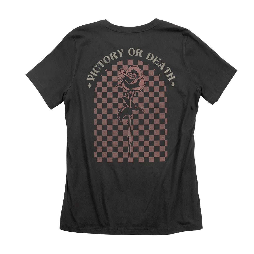 Black women's graphic tee, back checkerboard rose with 'VICTORY OR DEATH' text