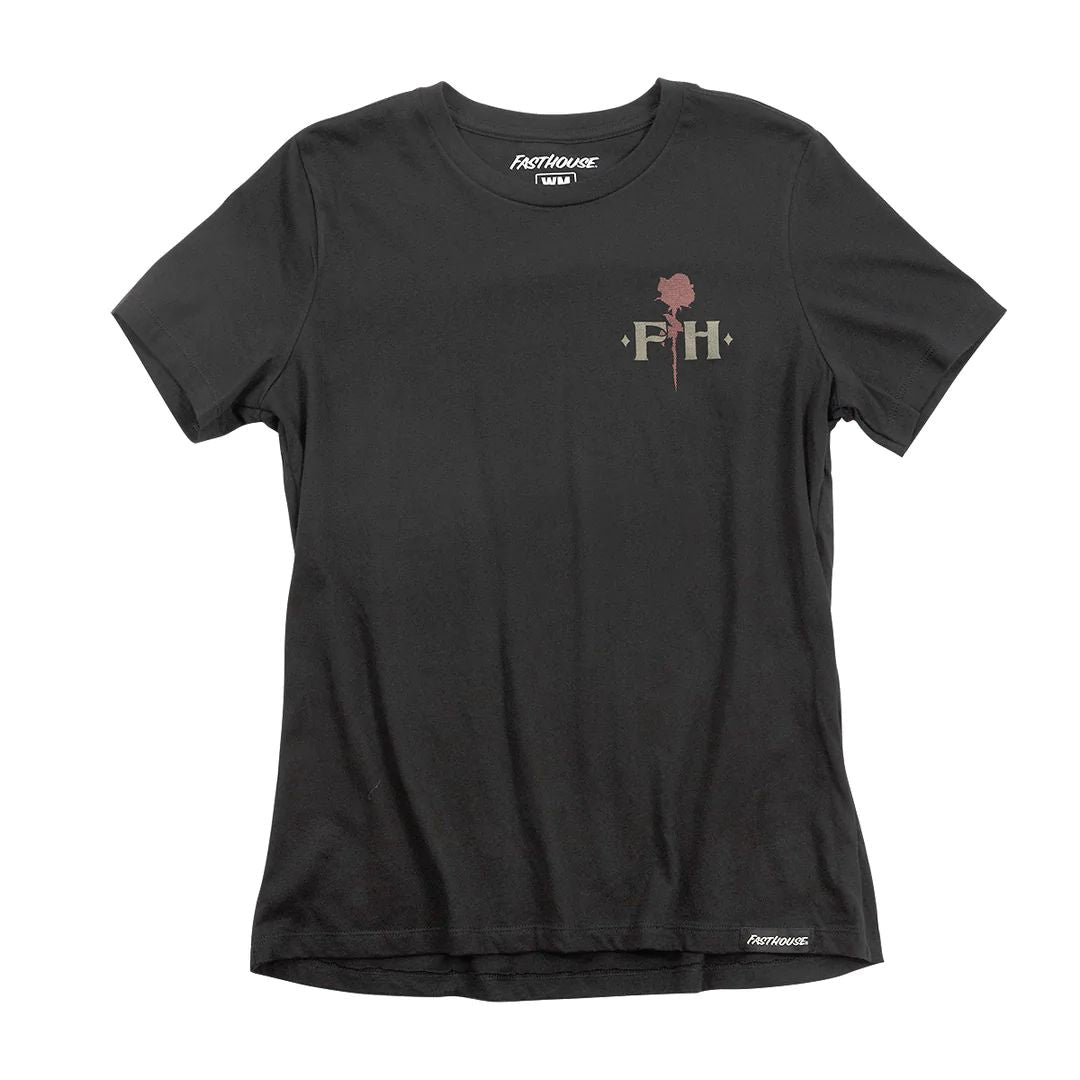 Black women's graphic tee, front FH logo and small rose emblem