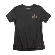 Black women's graphic tee, front FH logo and small rose emblem