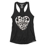Black racerback tank top with large white graphic front print