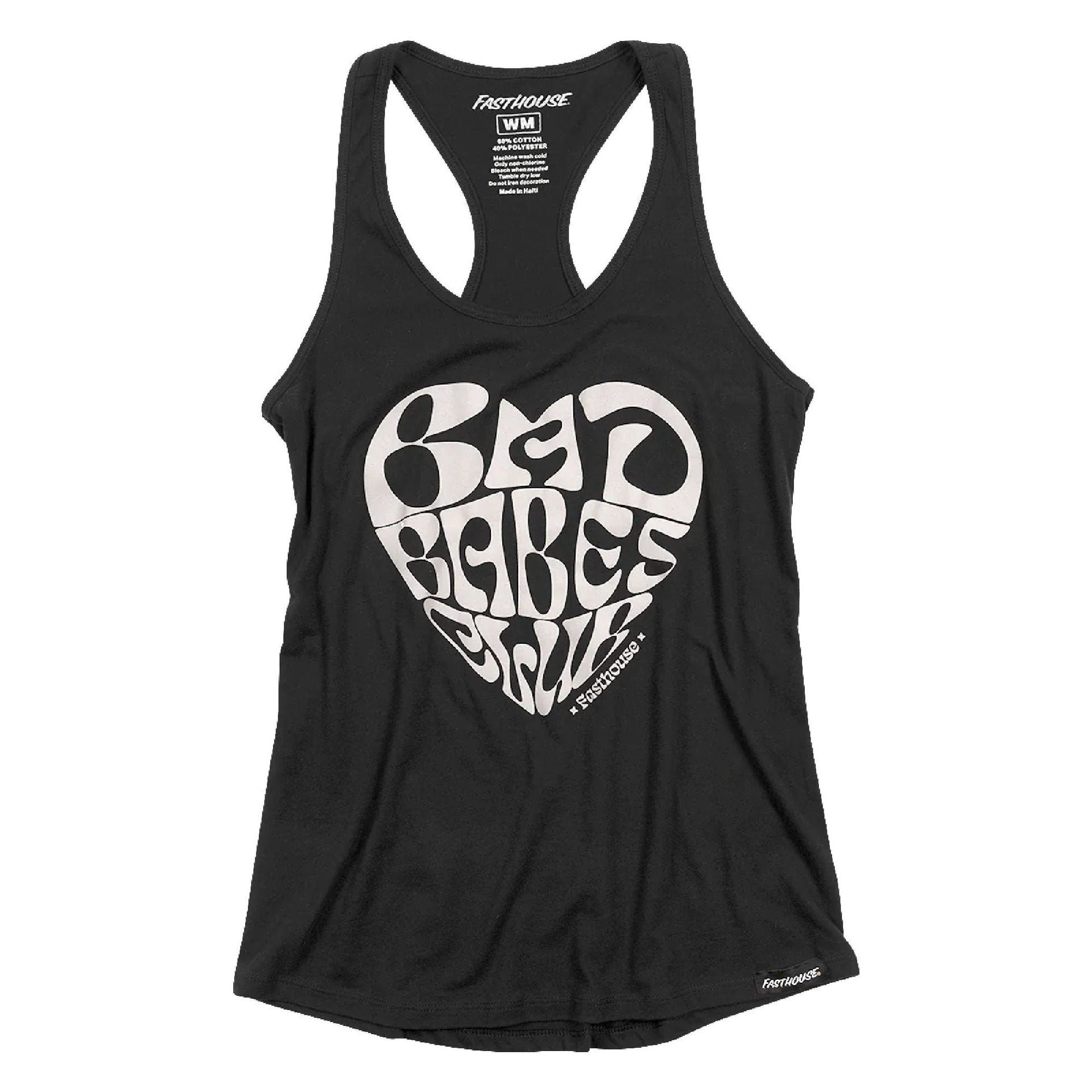 Black racerback tank top with large white graphic front print