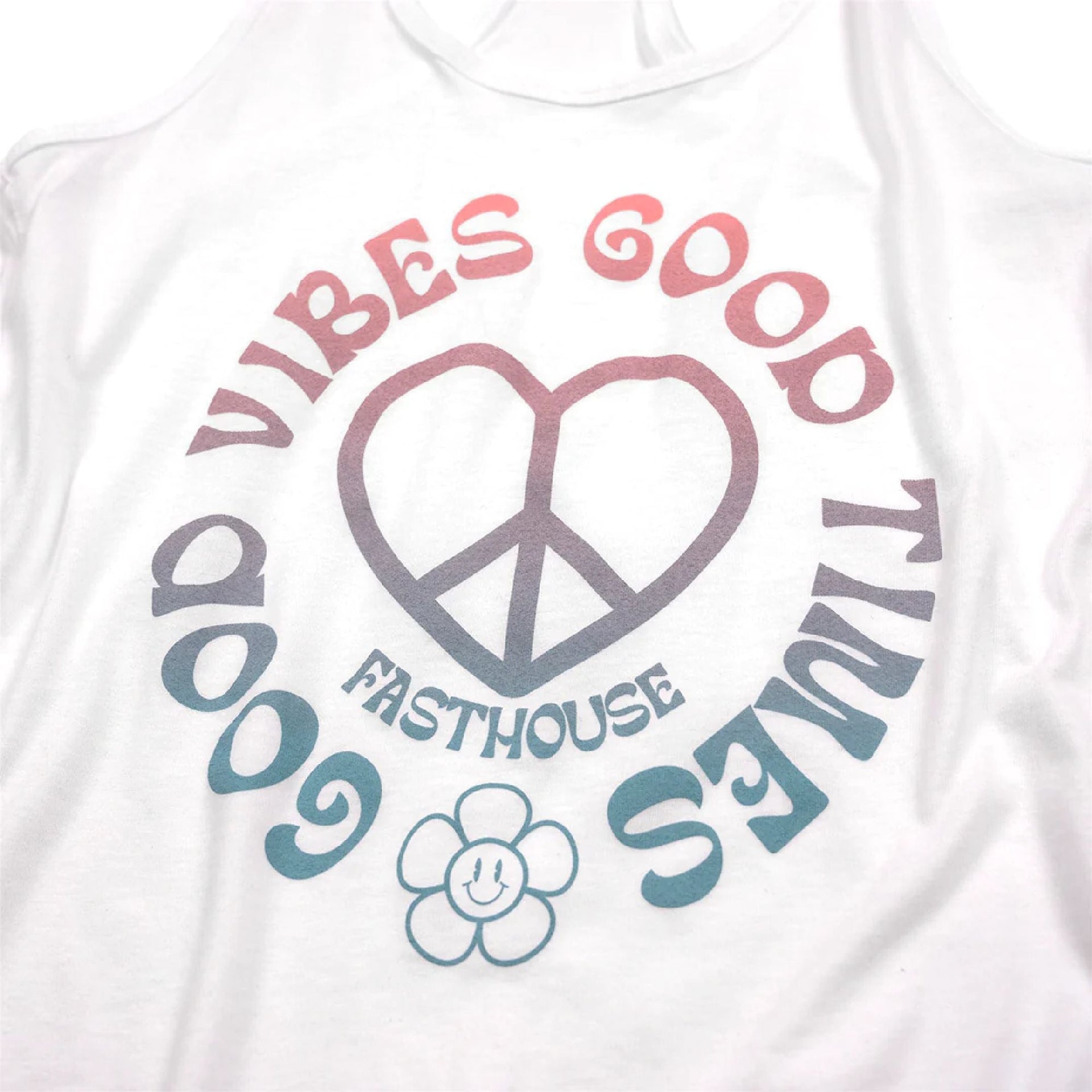 White Fasthouse women's tank top close-up: peace-heart logo with colorful lettering