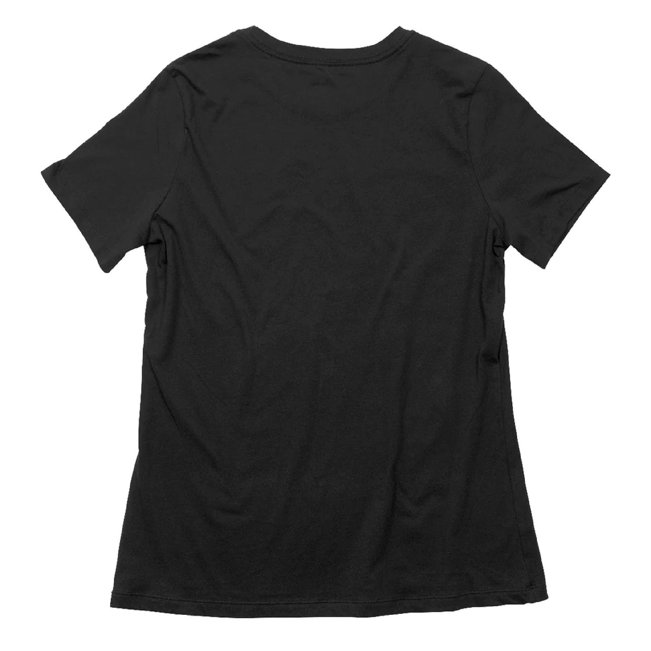 Women's black short-sleeve tee, plain back with crew neck and curved hem