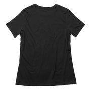 Women's black short-sleeve tee, plain back with crew neck and curved hem