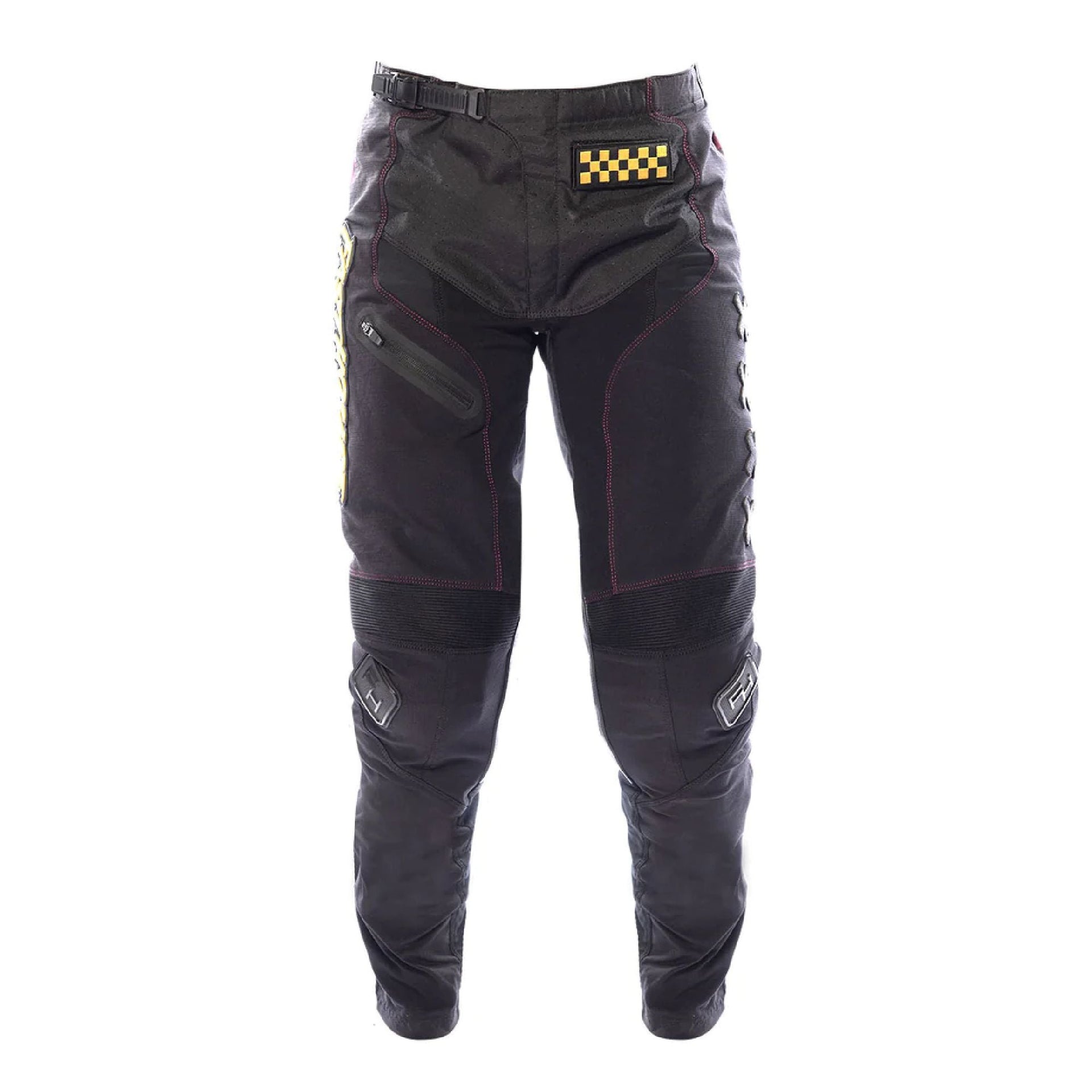 Women's black riding pants with knee reinforcements and checkered waistband patch