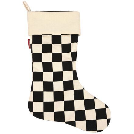 Checkered knit stocking with black-and-cream squares, long cuff and hanger