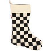 Checkered knit stocking with black-and-cream squares, long cuff and hanger