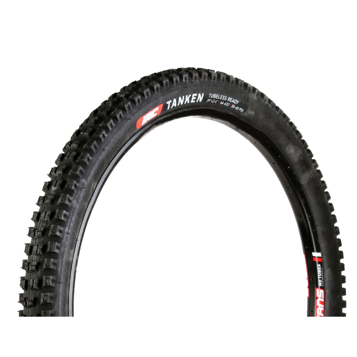 Black RC Tanken tire with aggressive knobby tread and sidewall lettering