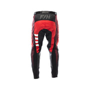 Youth motocross pants, red with black panels and white stripe accents