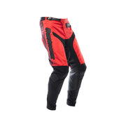 Youth motocross pants in red and black with side detailing and padded knee panels.