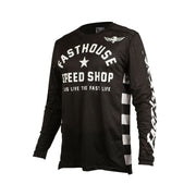 Youth black motocross jersey with star Speed Shop graphic and white sleeve prints