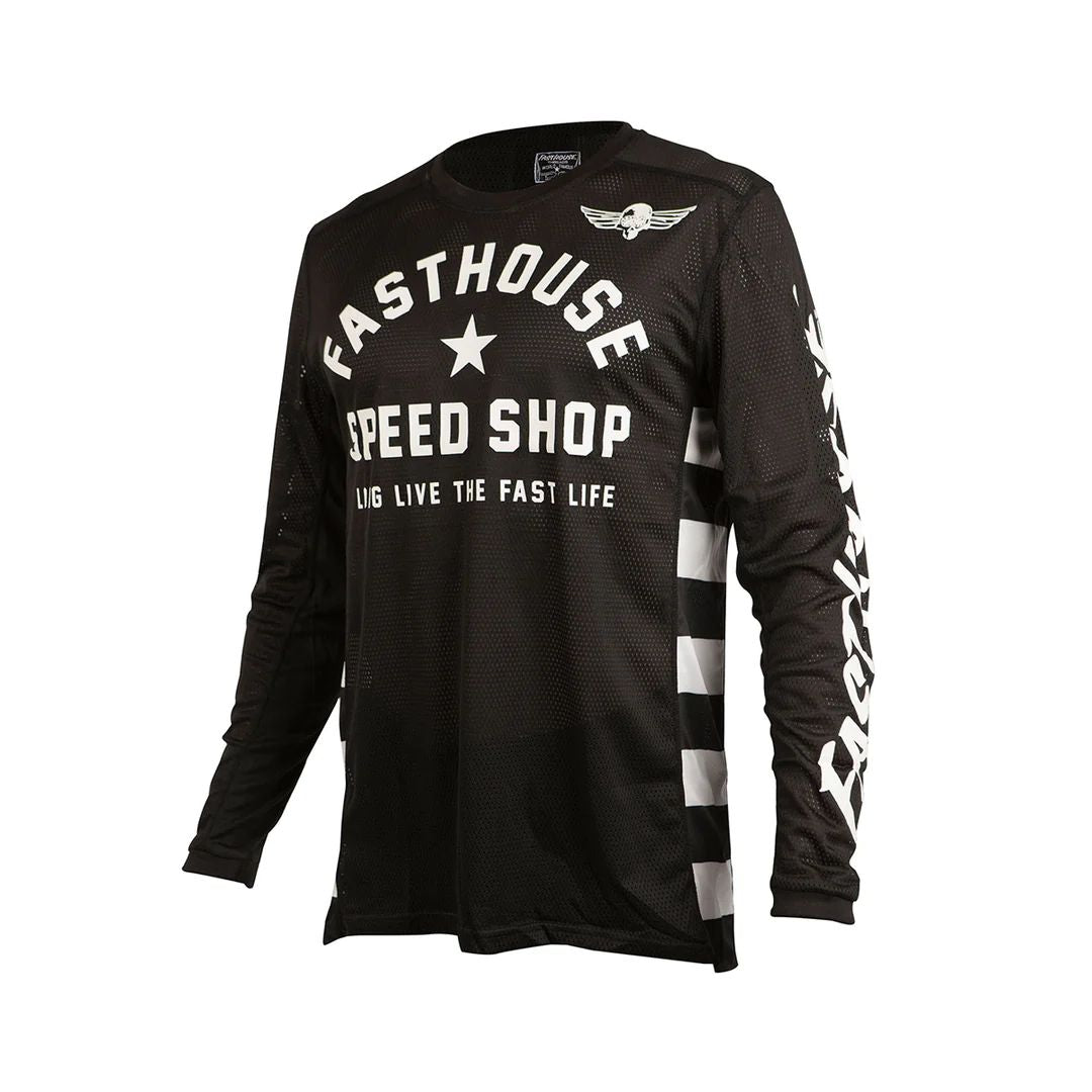 Youth black motocross jersey with star Speed Shop graphic and white sleeve prints