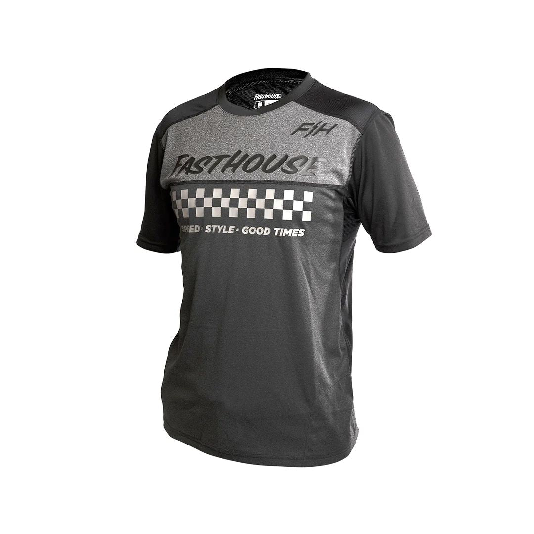 Youth short-sleeve jersey in heather charcoal with black sleeves and chest logo