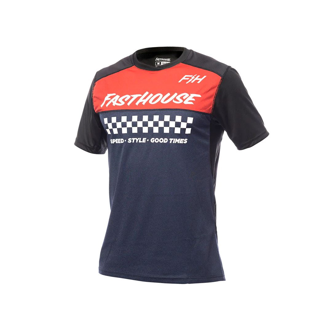 Youth short-sleeve jersey with heather red and navy front panel, graphic logo