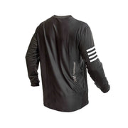 Youth long-sleeve motocross jersey, black back view with white sleeve stripes