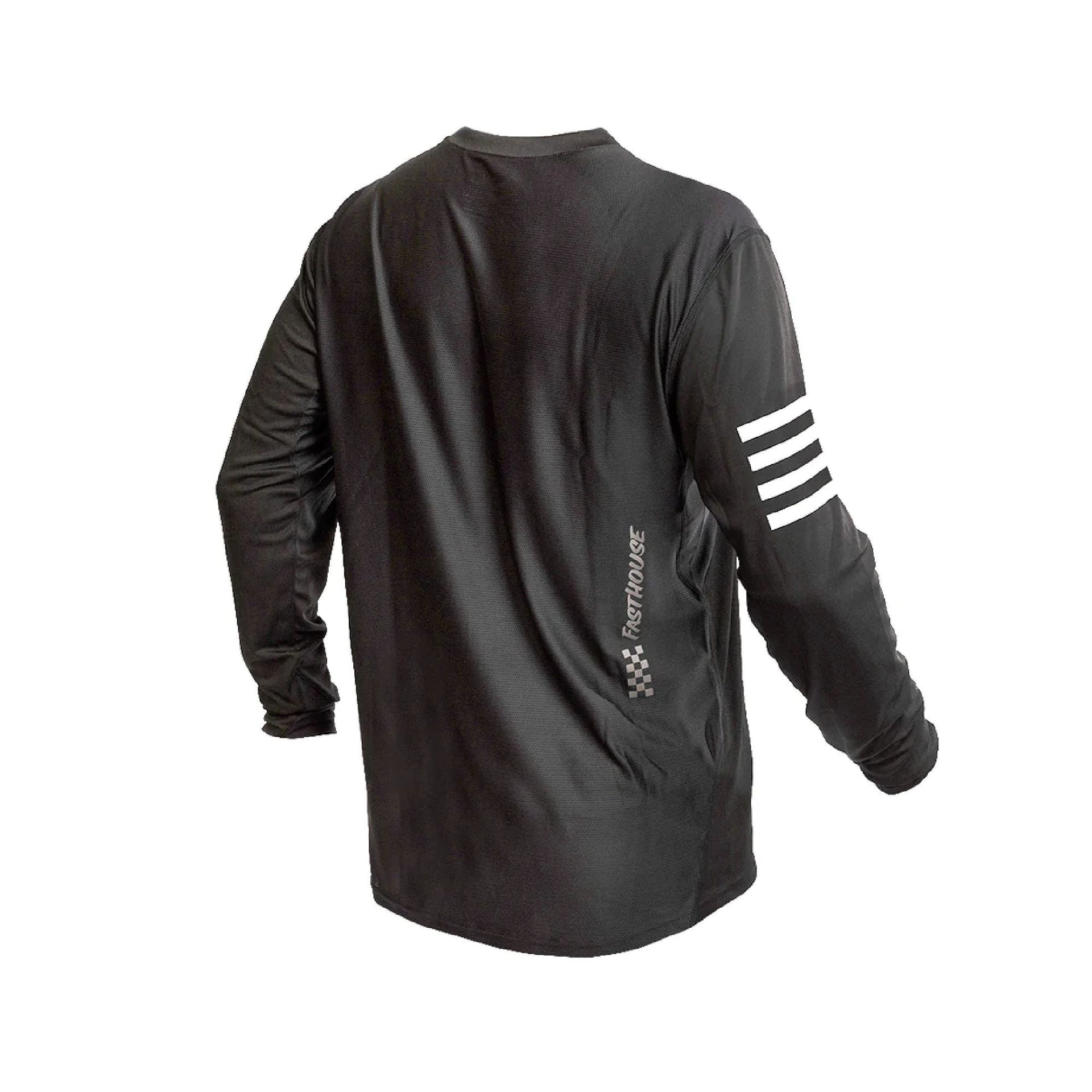 Youth long-sleeve motocross jersey, black back view with white sleeve stripes