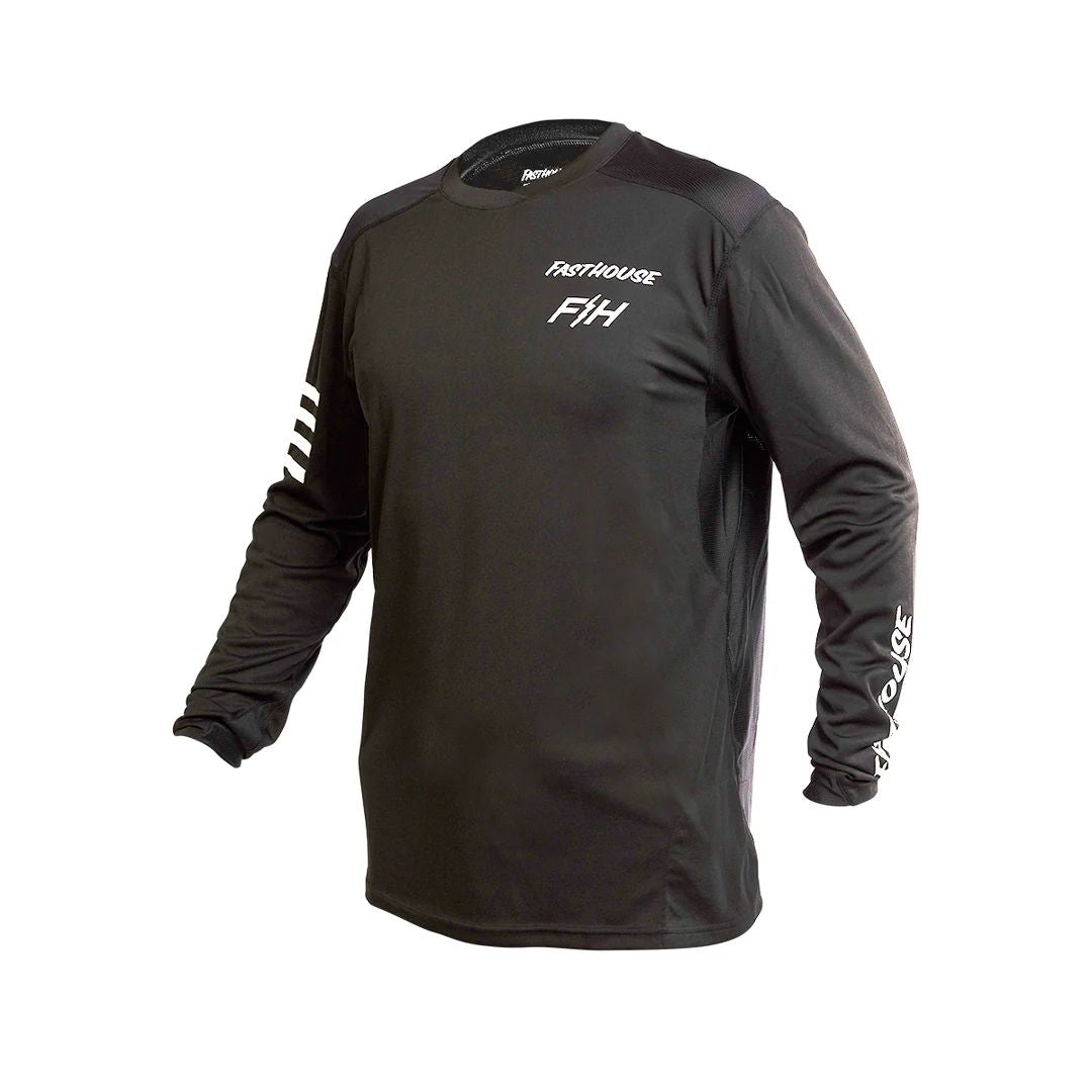 Youth long-sleeve motocross jersey, dark black with white sleeve stripes and logos