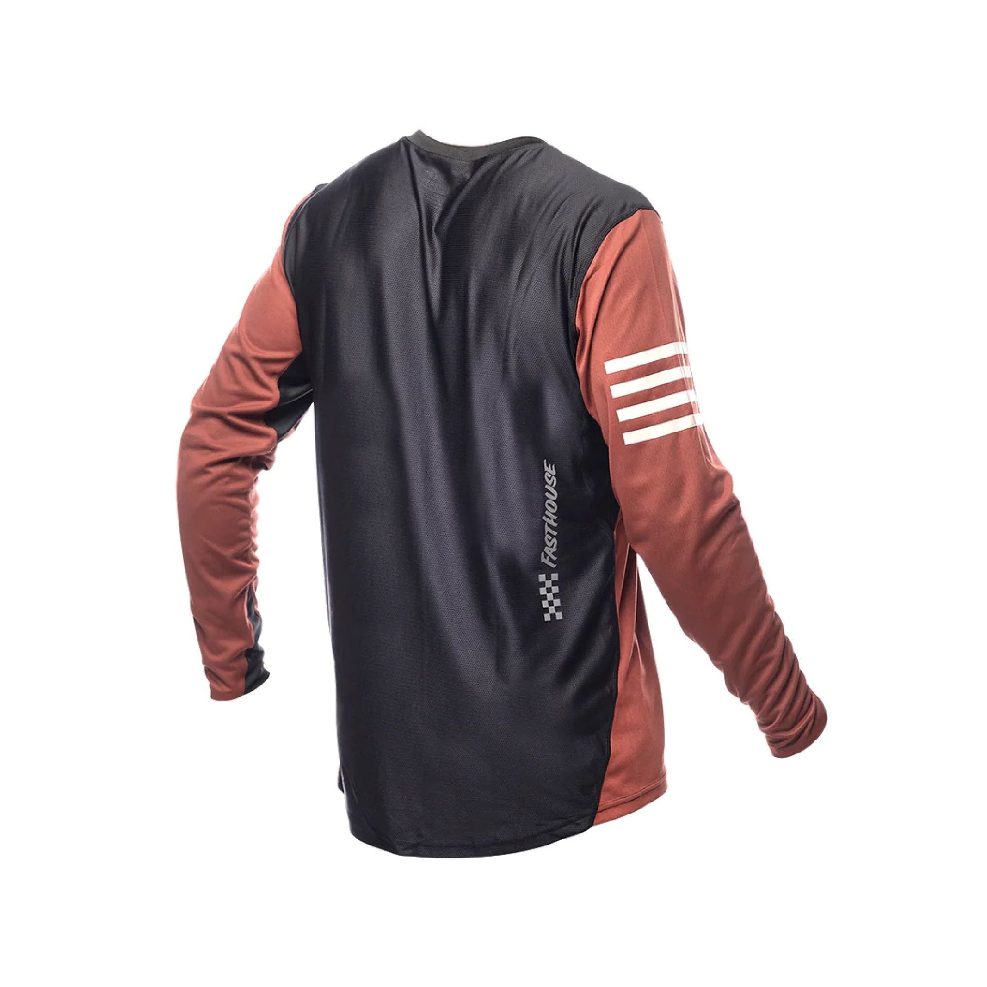 Youth long-sleeve motocross jersey, black front with clay sleeves and white stripes