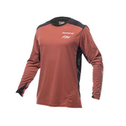 Youth long-sleeve motocross jersey in clay and black, with white chest text